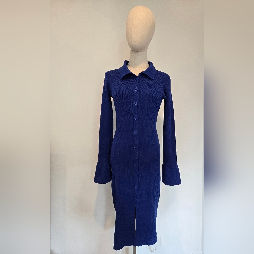 Blue midi sweater dress front buttons